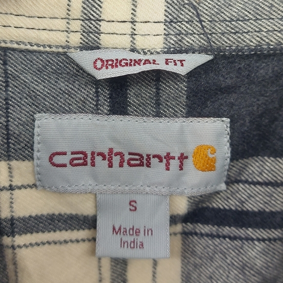 Carhartt Flannel Plaid Size Small Black Gray and Cream Button Front Shirt - Picture 2 of 6
